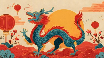 Obraz premium Flat illustration lunar new year dragon dance background with horse zodiac badge