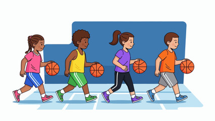 Diverse group of children dribbling basketballs on a court during a sports activity.