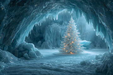 Magical Ice Cave with Glowing White Christmas Tree