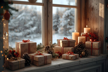 Rustic Christmas Window Sill Decor with Gifts and Snow