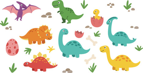 Fototapeta premium Colorful cartoon dinosaurs and plants on white background for kids