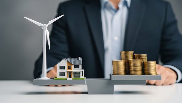 Businessman weighing costs of renewable energy for home - Powered by Adobe