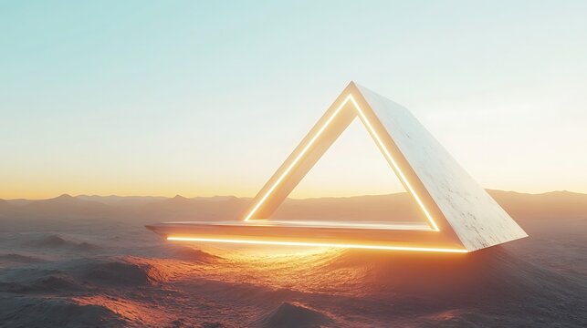 Glowing triangular structure on barren landscape during sunset high resolution image