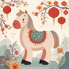 Fototapeta premium Cute illustrated horse zodiac for modern lunar new year greeting