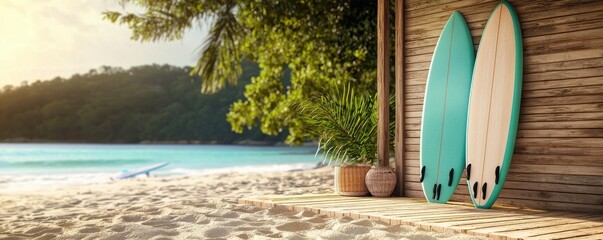 Serene Beach Scene with Surfboards and Tropical Coastal Landscape
