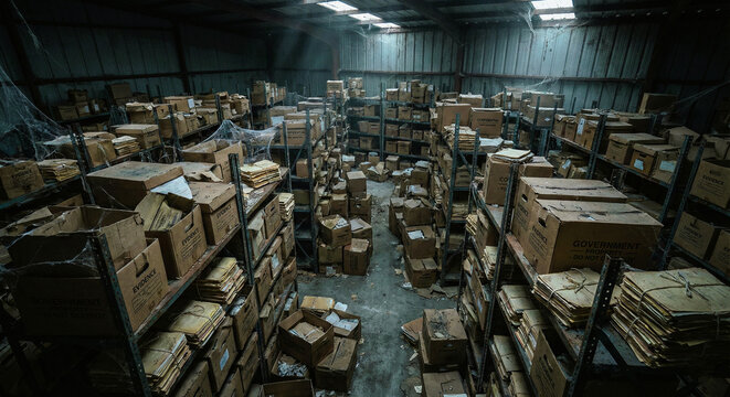 Abandoned Warehouse Shelves Storing Old Cardboard Boxes with Cobwebs