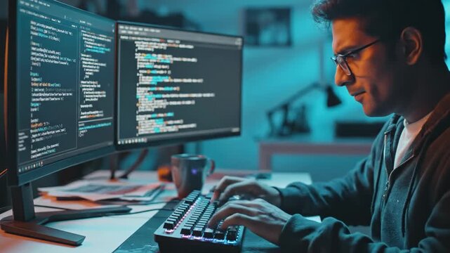 Focused Software Engineer Coding Late Night on Dual Monitors