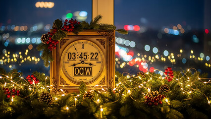 A festive framed clock displaying 03:45:22, surrounded by illuminated Christmas garland, red berries, and pinecones, set against a blurred city night lights background.