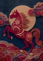 Fototapeta premium Paper texture lunar new year illustration traditional horse art