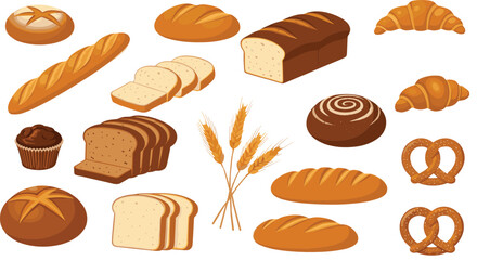 Fresh bakery and bread vector collection with baguette sliced loaf croissant muffin pretzel and wheat ears isolated on white background for food design