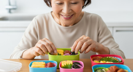 Smiling elderly woman preparing healthy homemade bento lunch with vegetables and colorful containers in a bright kitchen setting