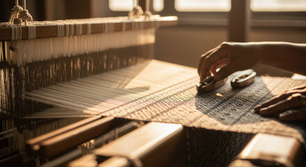 Hand of artisan weaving textured fabric on traditional loom in warm morning light inside cozy workshop interior