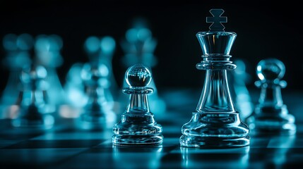 Strategic glass king and pawn on a reflective chessboard high resolution image