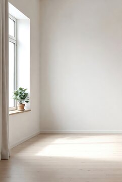 Clean and bright minimalist interior room with a prominent window, a potted green plant, and light wooden floorboards bathed in natural sunlight.