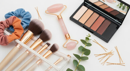 Soft neutral makeup palette with brushes, jade roller, scrunchies and eucalyptus leaves arranged on a clean white background