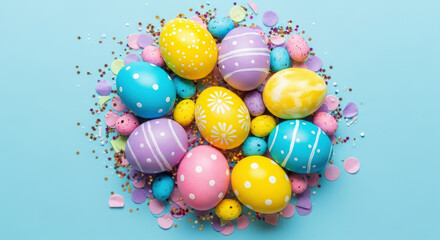 Colorful pastel easter eggs with decorative patterns surrounded by confetti, candy and glitter on a bright blue festive background