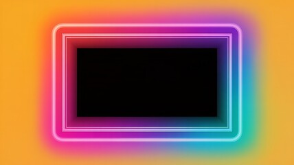 Bright neon pink and blue frame with a central black rectangle on an orange gradient background