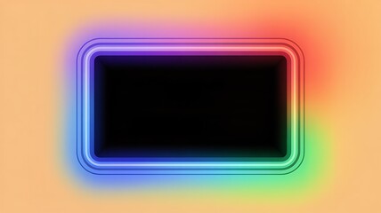 Fototapeta premium Multi-layered neon border with rainbow colors and central black rectangle on a light orange background