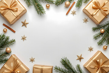 Christmas Gift Box Frame with Gold Ornaments on White