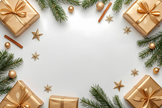 Christmas Gift Box Frame with Gold Ornaments on White