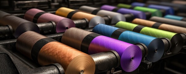 Colorful Spools of Thread Organized in Industrial Textile Machine