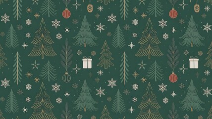A festive winter Christmas background featuring a green fir tree and pine branches decorated with snowflakes in a snowy forest landscape illustration for a holiday celebration card design
