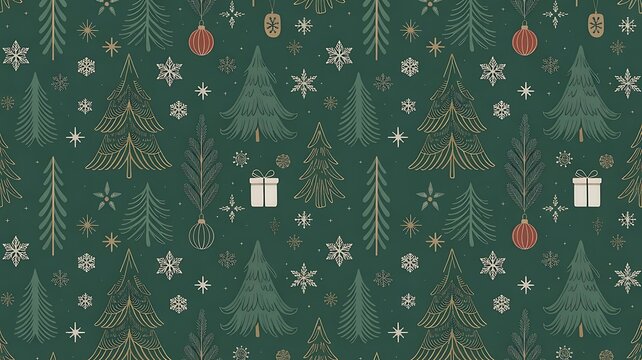 A festive winter Christmas background featuring a green fir tree and pine branches decorated with snowflakes in a snowy forest landscape illustration for a holiday celebration card design