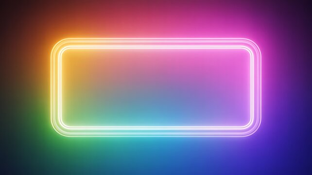 Vibrant neon light frame with rainbow colors on a purple and blue gradient background - Powered by Adobe