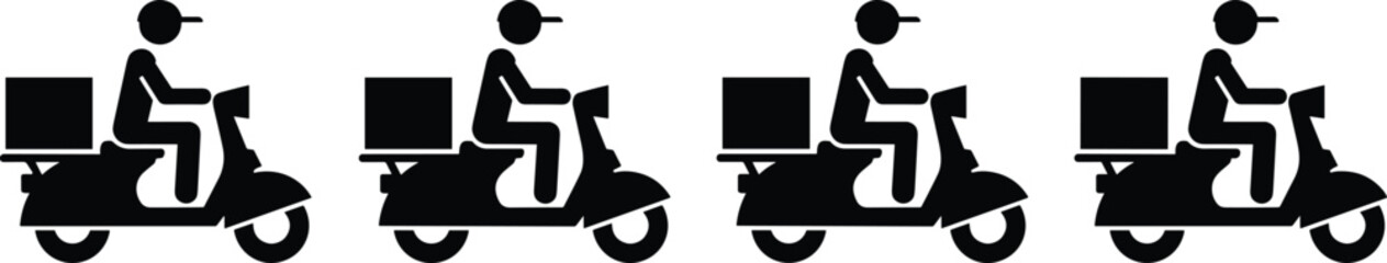 Food delivery rider icon set, scooter courier silhouette, fast shipping concept, online order service, logistics transport symbol, delivery man illustration, flat design graphic
