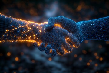 Digital handshake with glowing orange and blue network connections technology