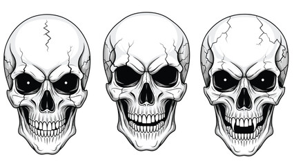 Set of three angry and evil-looking human skulls with glowing black eyes, one with vampire fangs, in a monochrome style.