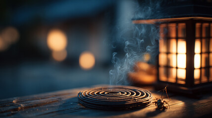 Fototapeta premium Outdoor mosquito coils at night with traditional household scenes and soft lantern light.