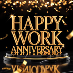 luxury 3d gold happy work anniversary typography on tiered black marble podium square professional corporate recognition asset