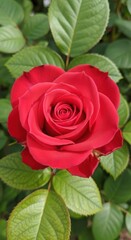 Fototapeta premium Single red rose close-up with green foliage background. Macro video of blooming red rose petal details. Velvety red rose with natural lighting and leaf contrast.