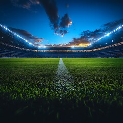Empty Soccer Stadium Field with Bright Lights and Sunset Sky football field green grass 1