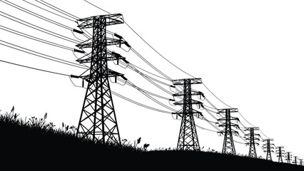 High voltage power transmission towers carrying electricity across rural landscape, energy infrastructure grid lines, electrical pylons silhouetted against clear sky blue minimal background horizon