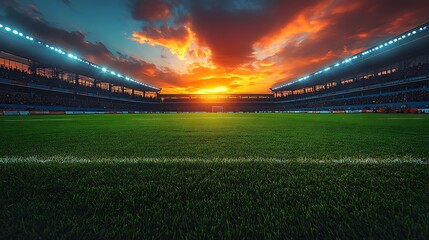Empty Soccer Stadium Green Field Bright Sunset Sky Lights On football field green grass