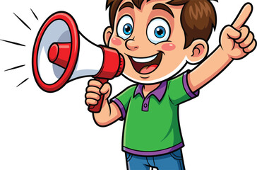 Cartoon boy character holding red megaphone shouting, happy kid pointing finger up, vector illustration isolated on white, announcement promotion concept