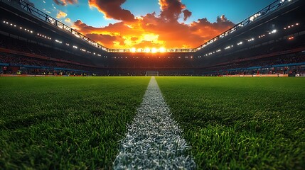 Empty Soccer Stadium Green Field White Line Sunset Sky Lights football stadium empty stadium