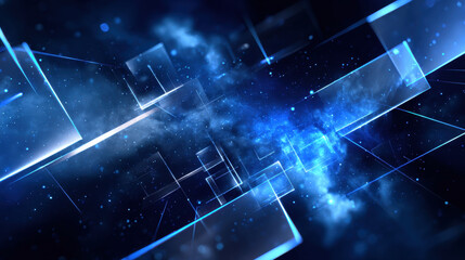 Futuristic glass panel blue glow space background abstract geometry light trail depth of field