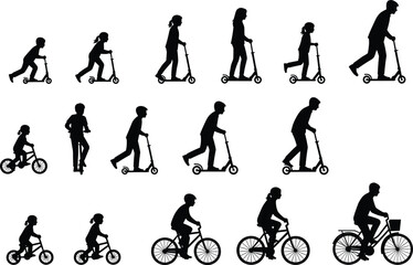 Human growth stages silhouette set showing child to adult evolution using scooter and bicycle transport development lifestyle mobility progress concept isolated on white background