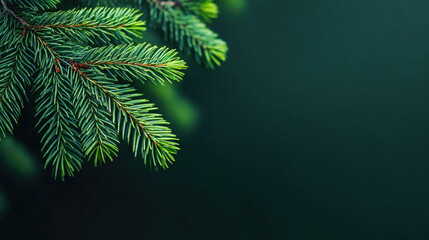Fresh evergreen fir branch with detailed needles against dark green background, serene natural texture and calm mood
