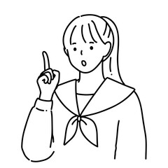 手描き　小さく口を開けた女子高生のイラスト　指差し　シンプル線画