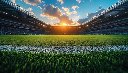 Empty soccer stadium green grass field at sunset with bright sunbeams football stadium