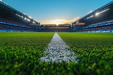 Empty soccer stadium with bright green field and sunset sky football field green grass