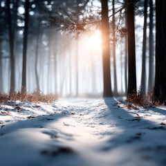 Snowy forest path with golden sunlight filtering through tall pine tree trunks, serene winter morning glow