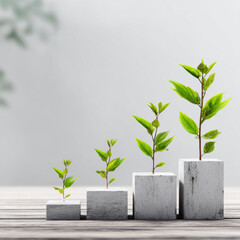 Young plant growth on wooden blocks symbolizing business growth and sustainable development with bright green leaves
