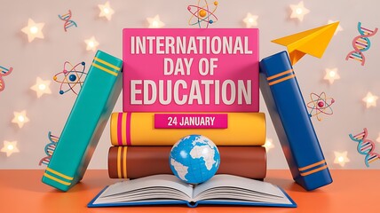 3D International Day of Education Display with Colorful Books Globe and Atoms