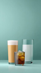 Three glass beverages on teal surface with foam and ice