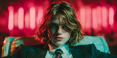 Confident young person with intense expression sitting in dramatic neon lighting, wearing a suit and tie with a rebellious and cinematic vibe.
